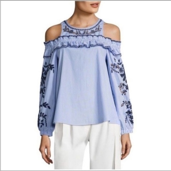 Parker Sammy Embroidered Cold Shoulder Stripe Blouse Size Small - Picture 2 of 11